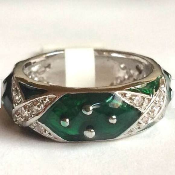 Silver Green Enamel Cubic Zirconia Ring Size 8 9 Band Rhodium Plated Stackable - Picture 7 of 8